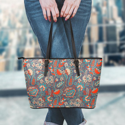 Retro Vintage Bohemian Floral Print Leather Tote Bag