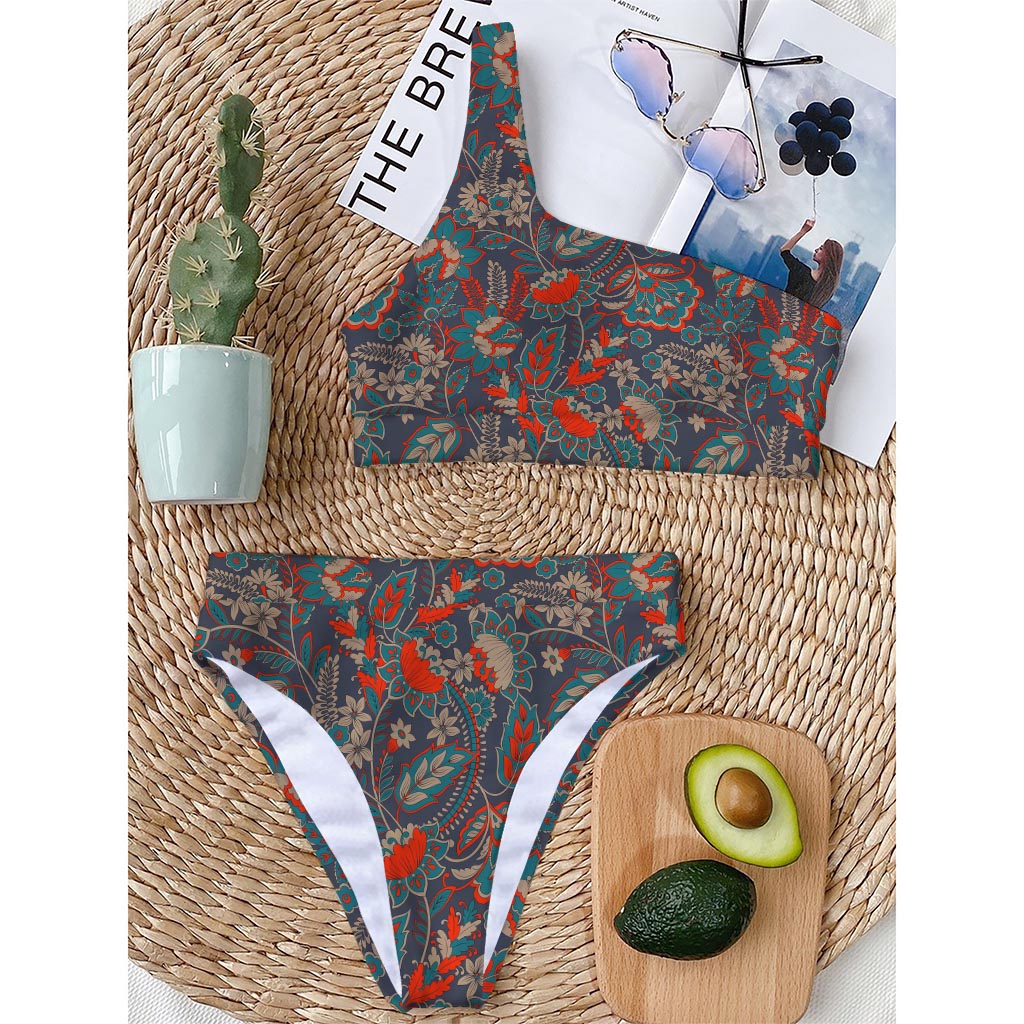 Retro Vintage Bohemian Floral Print One Shoulder Bikini Top