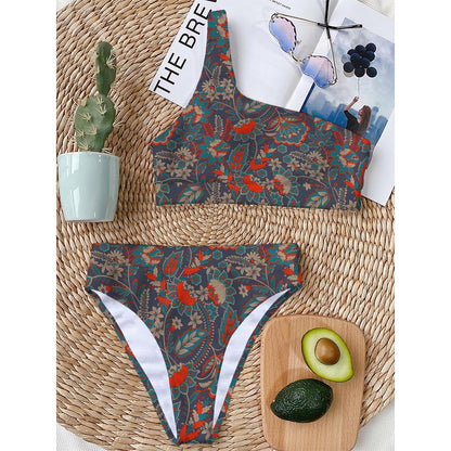 Retro Vintage Bohemian Floral Print One Shoulder Bikini Top