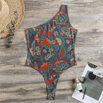 Retro Vintage Bohemian Floral Print One Shoulder Bodysuit
