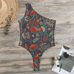 Retro Vintage Bohemian Floral Print One Shoulder Bodysuit