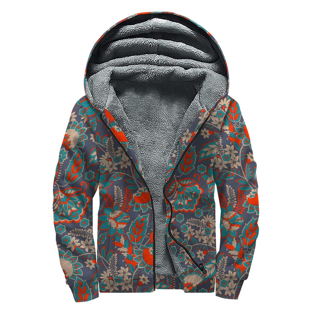 Retro Vintage Bohemian Floral Print Sherpa Lined Zip Up Hoodie