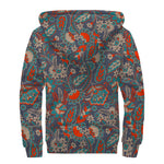 Retro Vintage Bohemian Floral Print Sherpa Lined Zip Up Hoodie