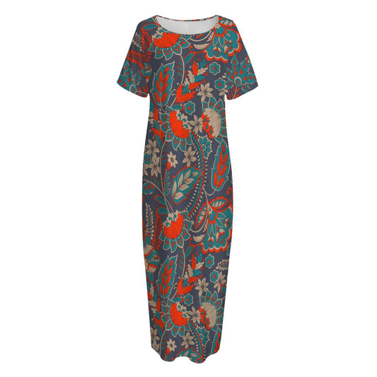 Retro Vintage Bohemian Floral Print Short Sleeve Long Nightdress