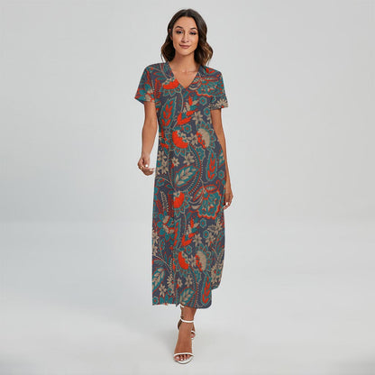 Retro Vintage Bohemian Floral Print Short Sleeve Maxi Dress