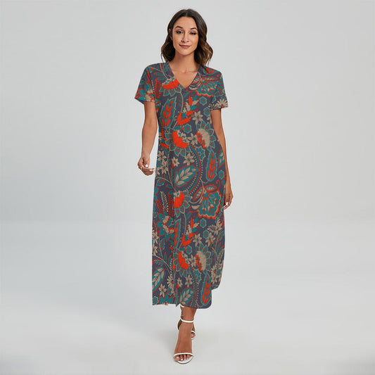Retro Vintage Bohemian Floral Print Short Sleeve Maxi Dress