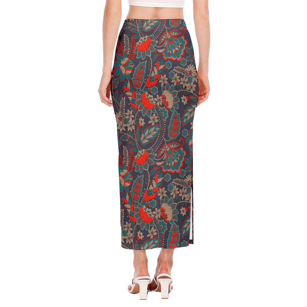 Retro Vintage Bohemian Floral Print Side Slit Maxi Skirt