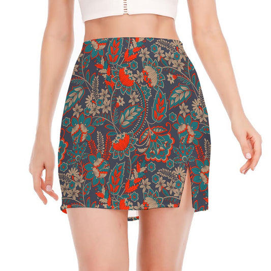 Retro Vintage Bohemian Floral Print Side Slit Mini Skirt