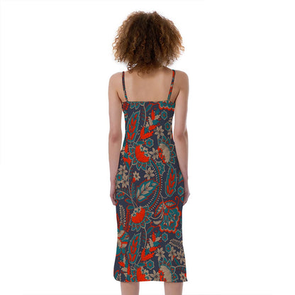 Retro Vintage Bohemian Floral Print Slim Fit Midi Cami Dress