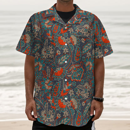 Retro Vintage Bohemian Floral Print Textured Short Sleeve Shirt