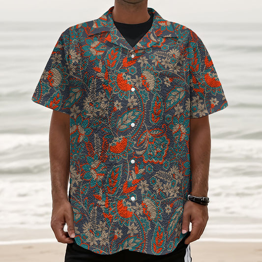 Retro Vintage Bohemian Floral Print Textured Short Sleeve Shirt