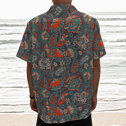 Retro Vintage Bohemian Floral Print Textured Short Sleeve Shirt