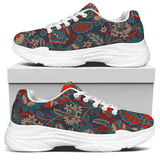 Retro Vintage Bohemian Floral Print White Chunky Shoes