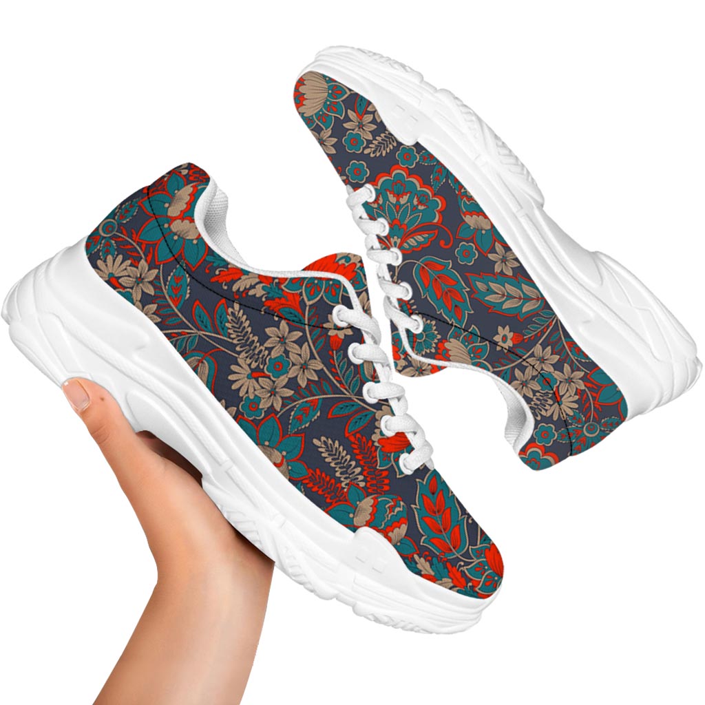 Retro Vintage Bohemian Floral Print White Chunky Shoes