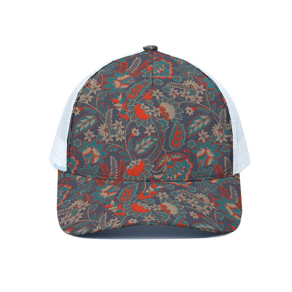 Retro Vintage Bohemian Floral Print White Mesh Trucker Cap