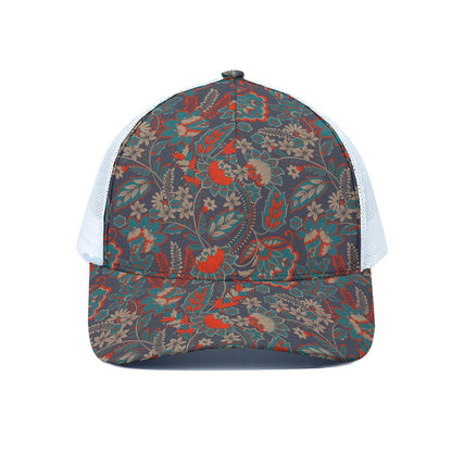 Retro Vintage Bohemian Floral Print White Mesh Trucker Cap