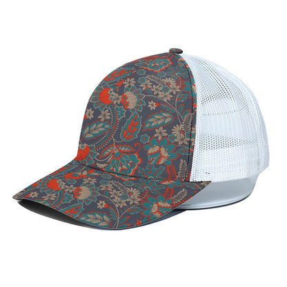 Retro Vintage Bohemian Floral Print White Mesh Trucker Cap