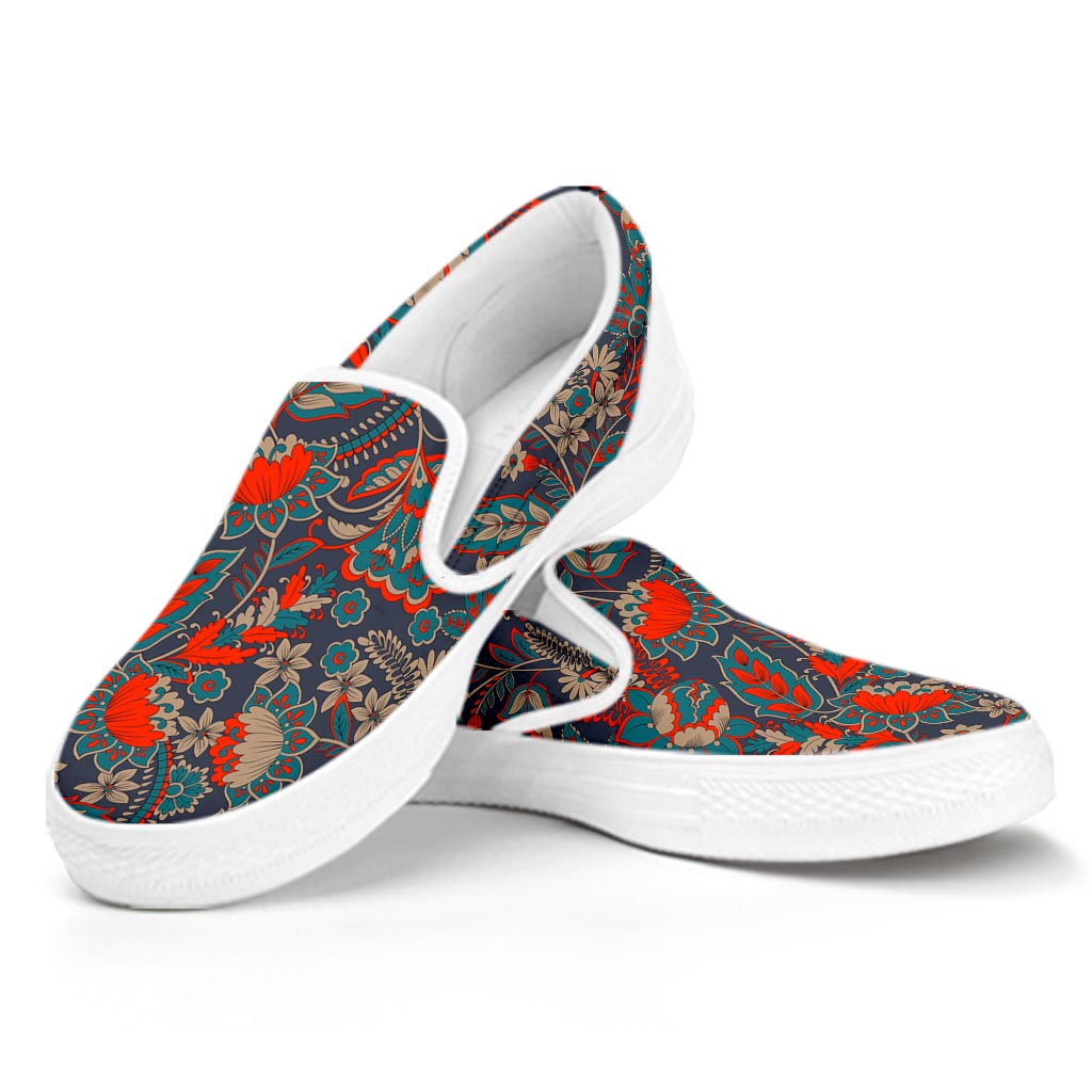 Retro Vintage Bohemian Floral Print White Slip On Sneakers