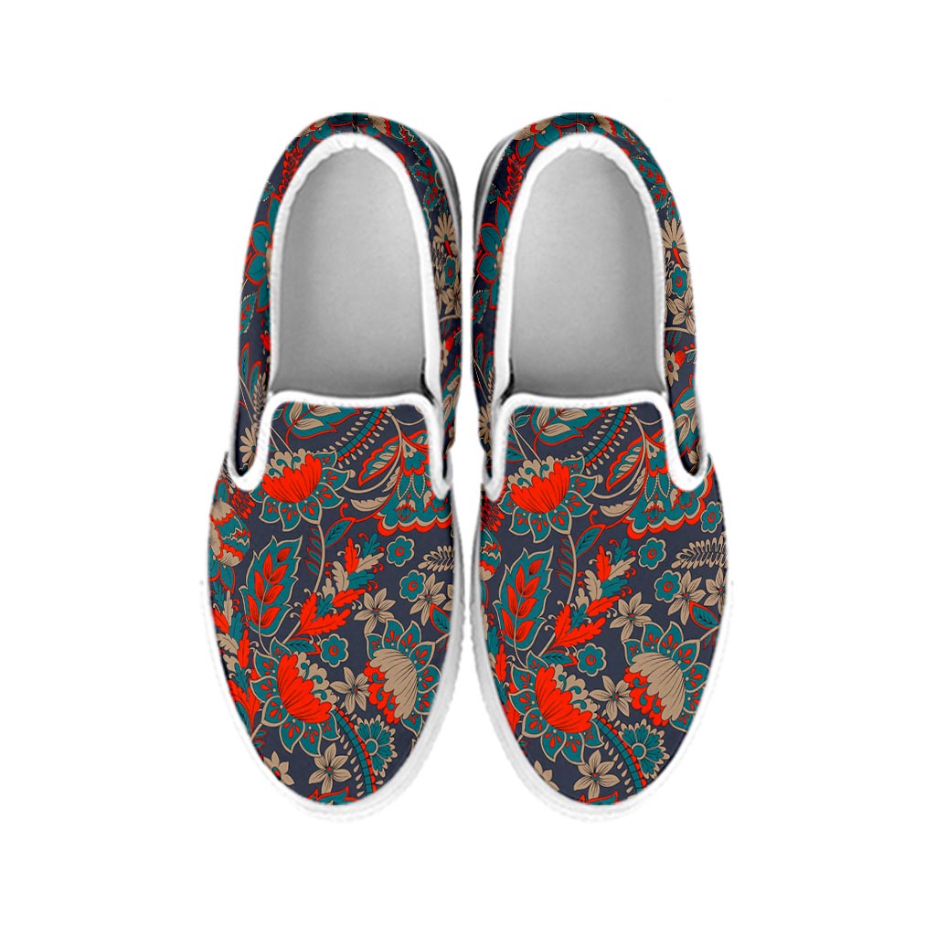 Retro Vintage Bohemian Floral Print White Slip On Sneakers