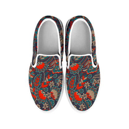Retro Vintage Bohemian Floral Print White Slip On Sneakers