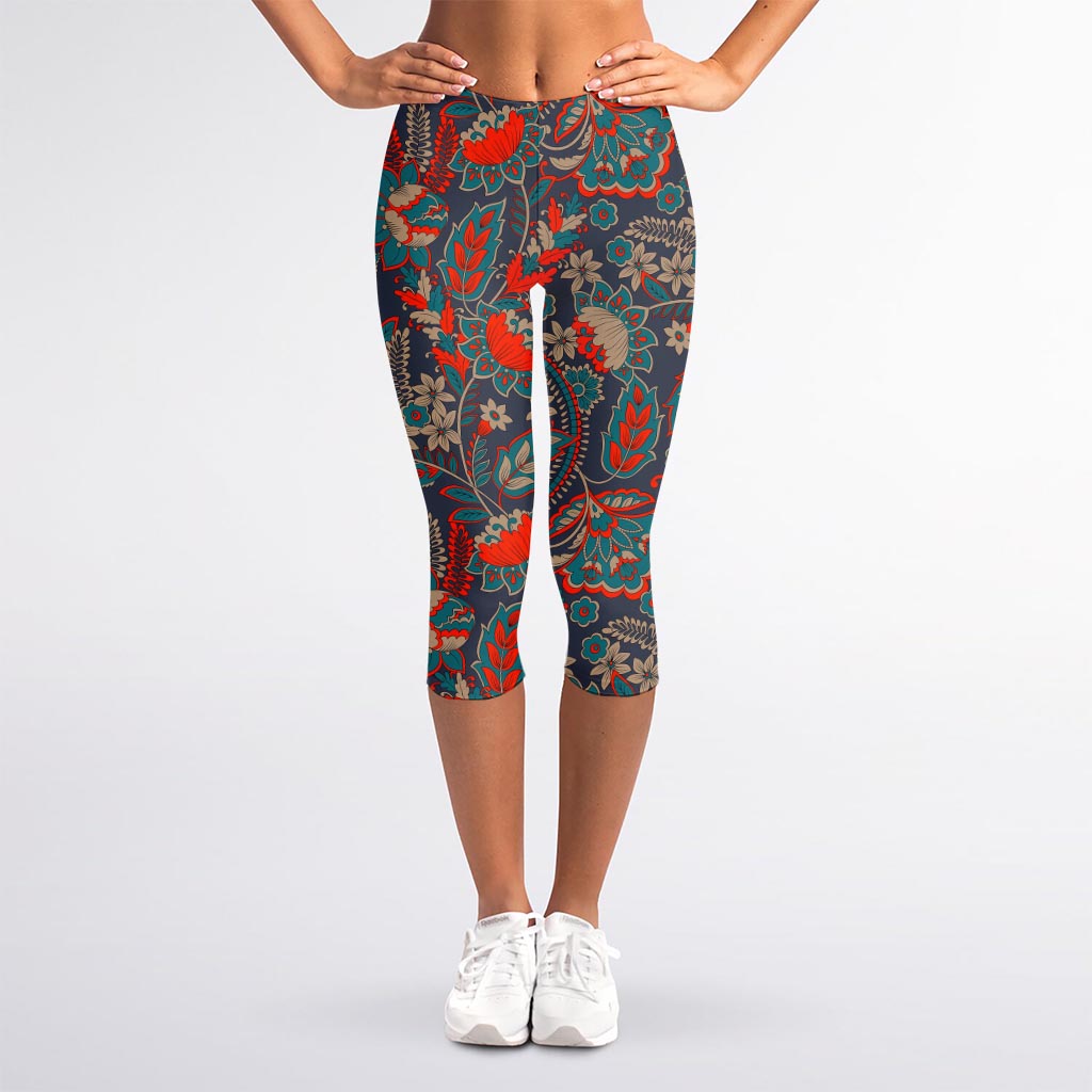 Retro Vintage Bohemian Floral Print Women's Capri Leggings