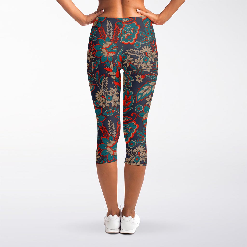 Retro Vintage Bohemian Floral Print Women's Capri Leggings