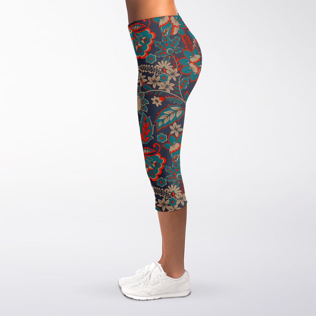 Retro Vintage Bohemian Floral Print Women's Capri Leggings