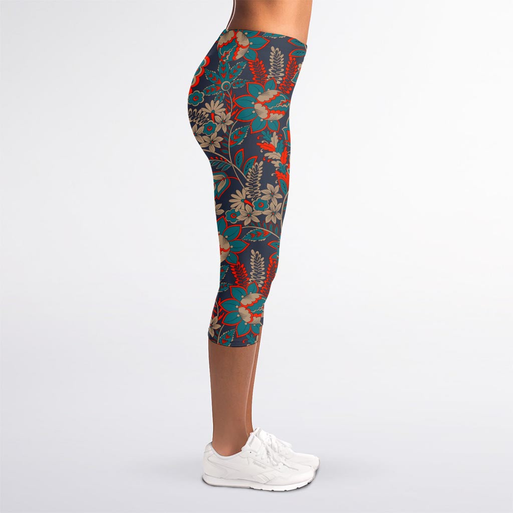 Retro Vintage Bohemian Floral Print Women's Capri Leggings