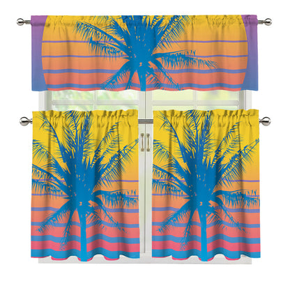 Retrowave Sunset Palm Tree Print 3 Piece Kitchen Curtains