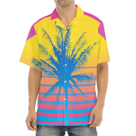 Retrowave Sunset Palm Tree Print Aloha Shirt