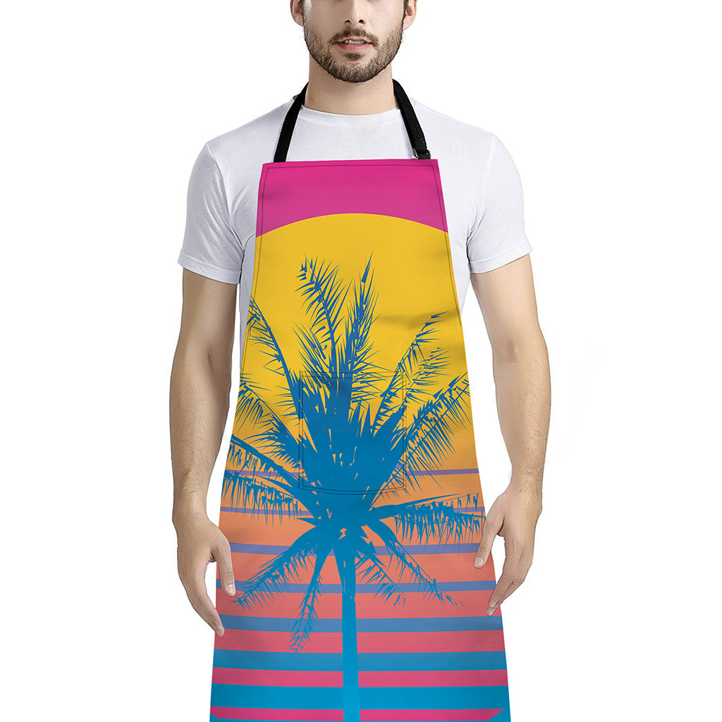 Retrowave Sunset Palm Tree Print Bib Apron With Pocket