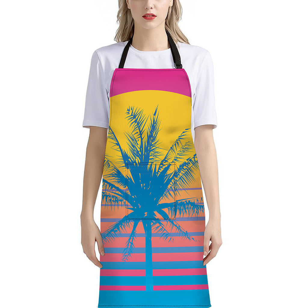 Retrowave Sunset Palm Tree Print Bib Apron With Pocket
