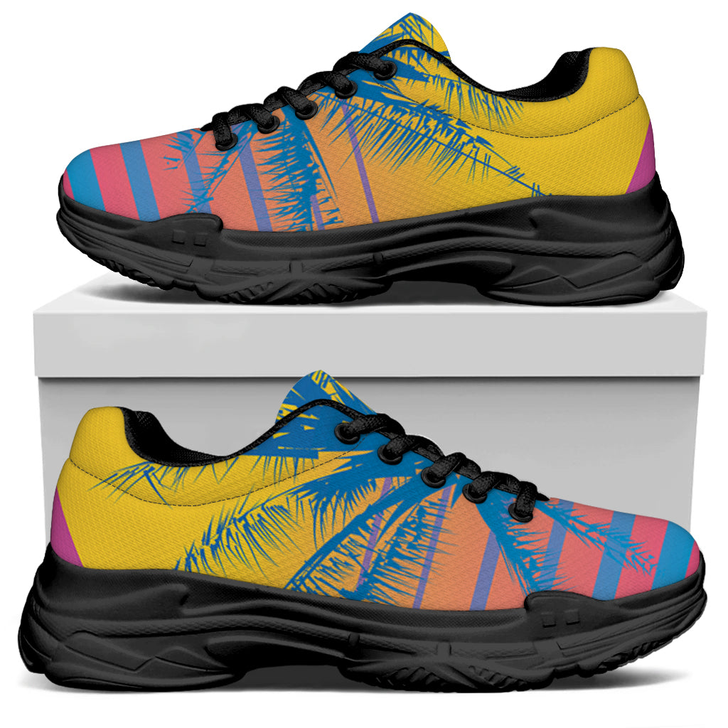 Retrowave Sunset Palm Tree Print Black Chunky Shoes