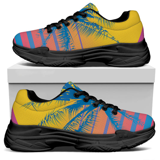 Retrowave Sunset Palm Tree Print Black Chunky Shoes