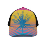 Retrowave Sunset Palm Tree Print Black Mesh Trucker Cap
