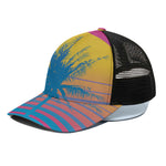 Retrowave Sunset Palm Tree Print Black Mesh Trucker Cap