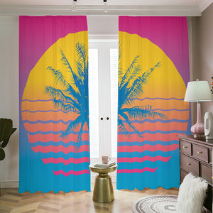 Retrowave Sunset Palm Tree Print Blackout Pencil Pleat Curtains