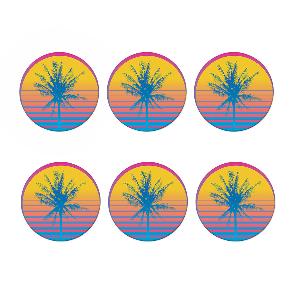 Retrowave Sunset Palm Tree Print Coaster Set