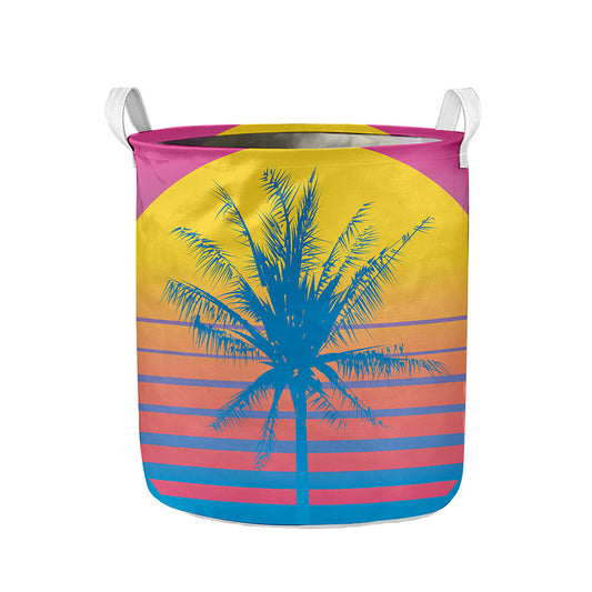 Retrowave Sunset Palm Tree Print Collapsible Laundry Basket