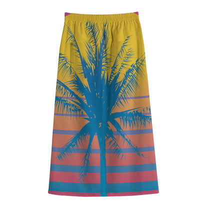 Retrowave Sunset Palm Tree Print Cotton Front Slit Maxi Skirt
