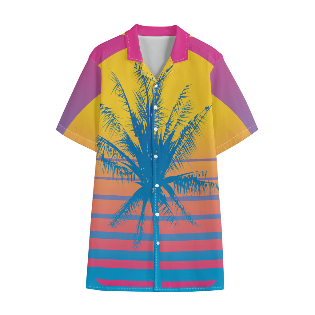 Retrowave Sunset Palm Tree Print Cotton Hawaiian Shirt