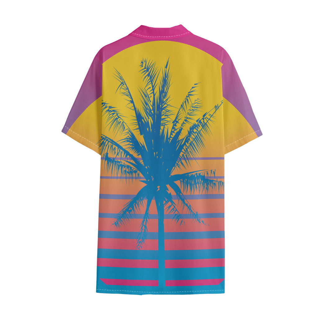 Retrowave Sunset Palm Tree Print Cotton Hawaiian Shirt
