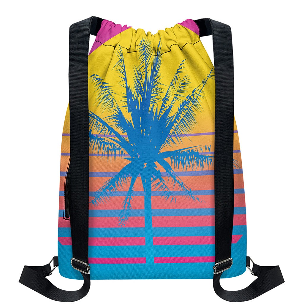 Retrowave Sunset Palm Tree Print Drawstring Backpack