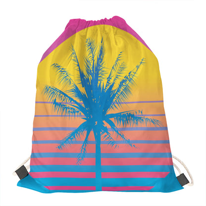 Retrowave Sunset Palm Tree Print Drawstring Bag