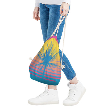 Retrowave Sunset Palm Tree Print Drawstring Bag