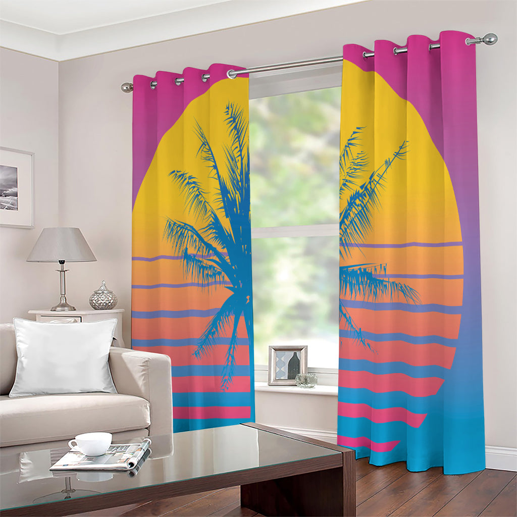 Retrowave Sunset Palm Tree Print Extra Wide Grommet Curtains