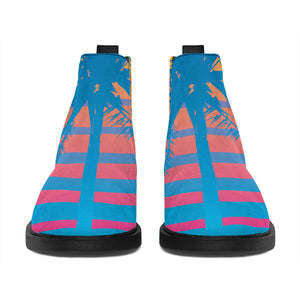 Retrowave Sunset Palm Tree Print Flat Ankle Boots