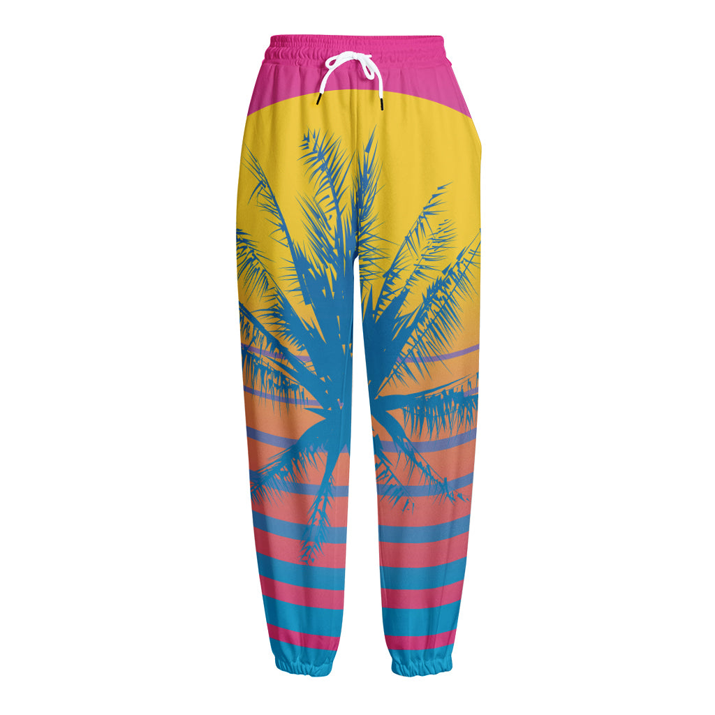 Retrowave Sunset Palm Tree Print Fleece Lined Knit Pants