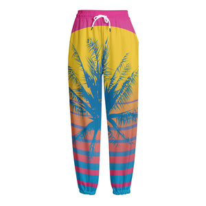 Retrowave Sunset Palm Tree Print Fleece Lined Knit Pants