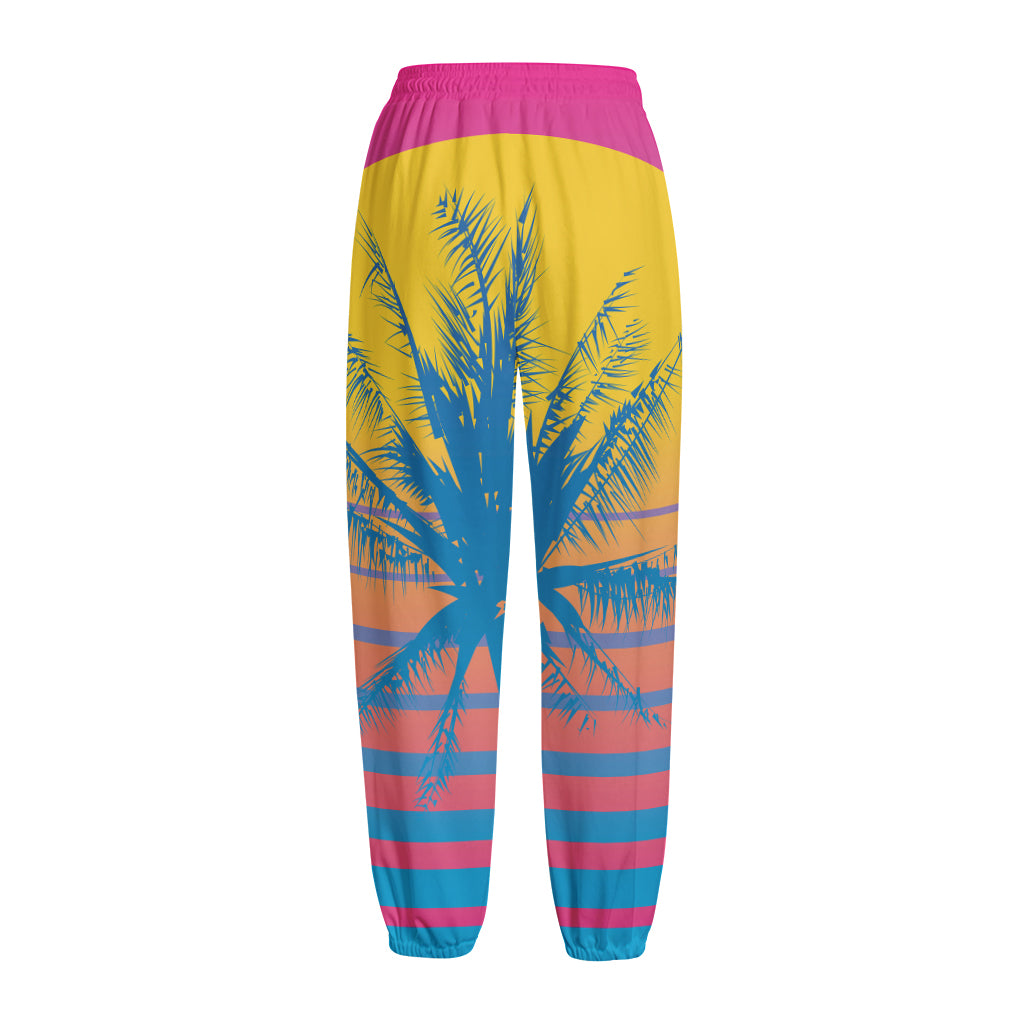 Retrowave Sunset Palm Tree Print Fleece Lined Knit Pants